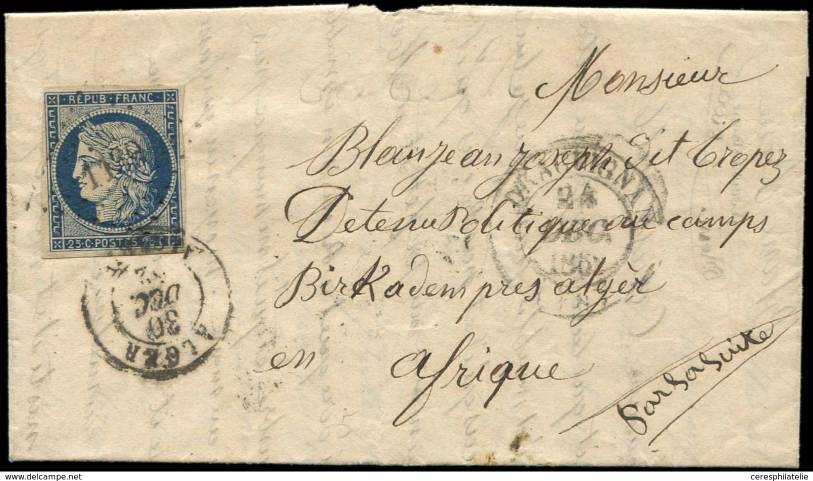 Let EMISSION DE 1849 - 4    25c. Bleu, Obl. PC 1139 Sur LAC, Càd T14 DRAGUIGNAN 24/12/52 Et Càd ALGER 30/12/52 Pour Le C - 1849-1850 Ceres