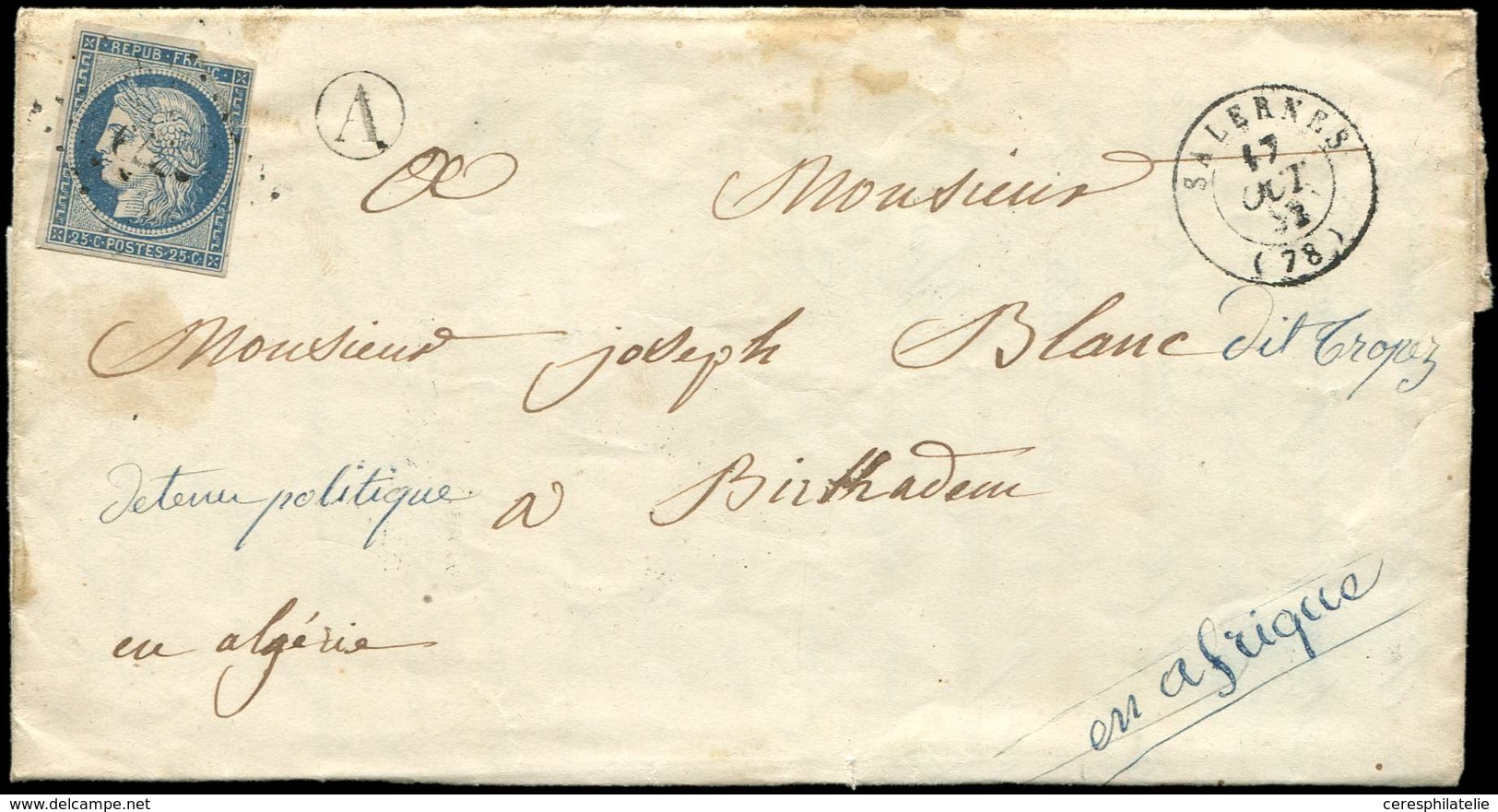 Let EMISSION DE 1849 - 4    25c. Bleu, Défx, Obl. PC 2779 Sur LAC, Càd SALERNES 17/10/52, Boite A De Tourtour Pour Le Ca - 1849-1850 Ceres