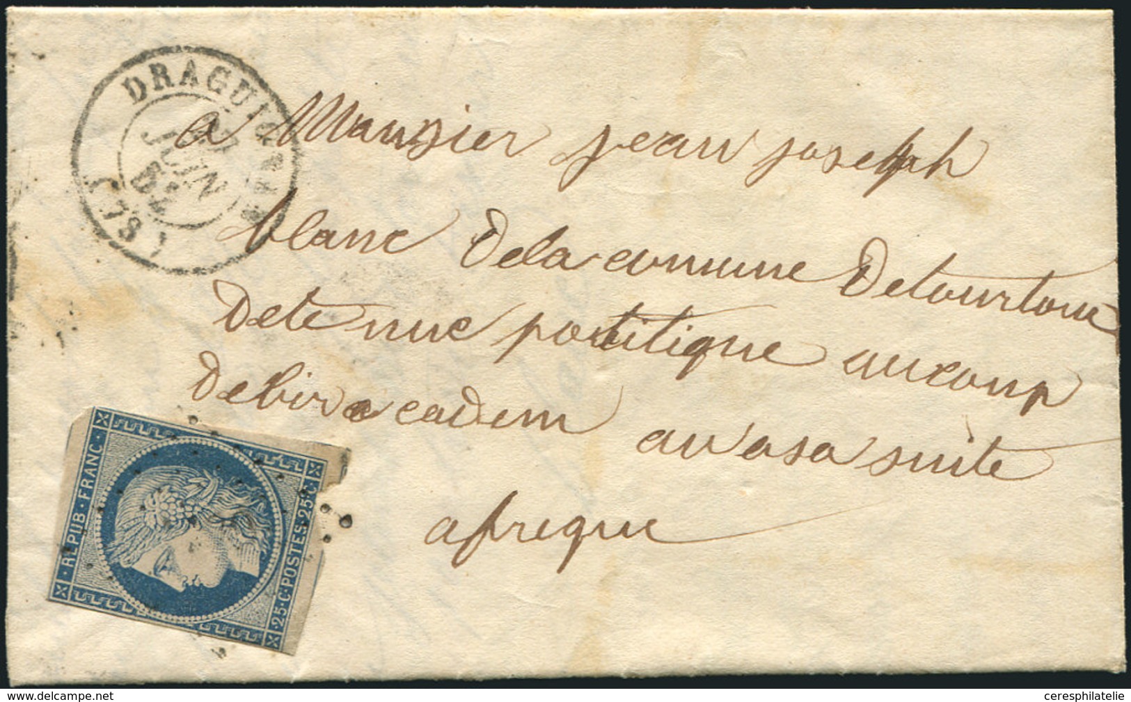 Let EMISSION DE 1849 - 4    25c. Bleu, Défx Obl. PC 1139 S. LAC, Càd DRAGUIGNAN 27/6/52 Pour Le Camp De BIRKADEM, TB - 1849-1850 Cérès