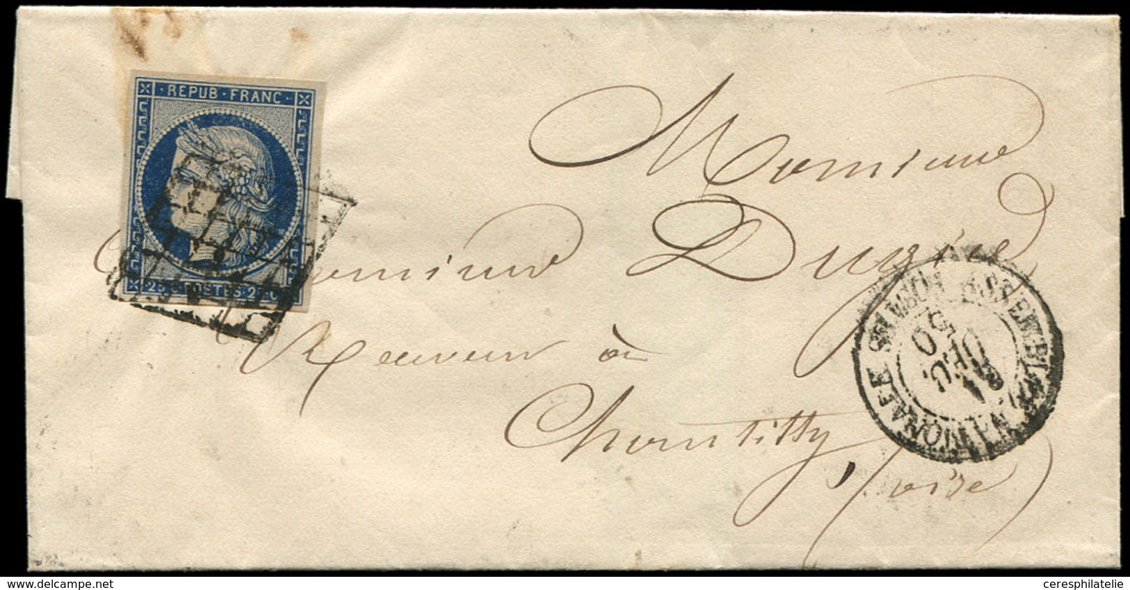 Let EMISSION DE 1849 - 4    25c. Bleu, Obl. GRILLE S. LSC, Càd ASSEMBLEE NATIONALE 31/12/50, TB - 1849-1850 Cérès