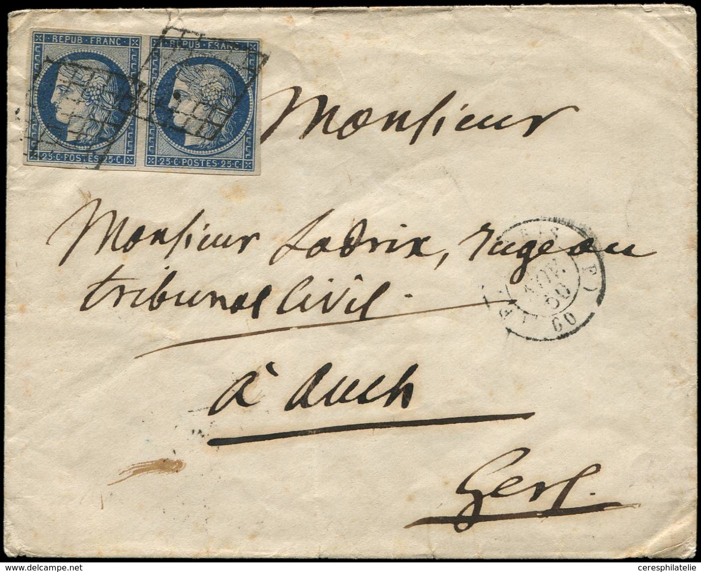 Let EMISSION DE 1849 - 4    25c. Bleu, PAIRE Obl. GRILLE S. Env., Càd T1502 (F) PARIS (F) 11/50, TTB - 1849-1850 Cérès