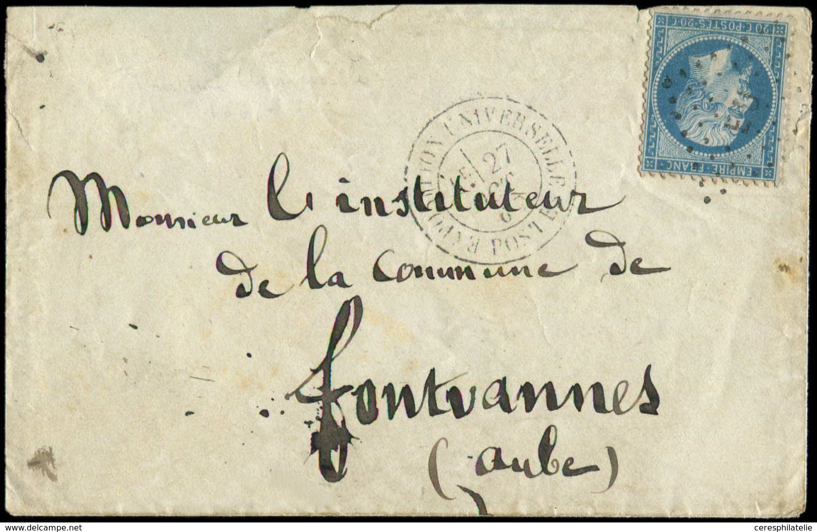 Let EMPIRE DENTELE - 22   20c. Bleu, Obl. EU Sur Petite Env., Càd EXPOSITION UNIVERSELLE/POSTES 27/10/67, TB - 1862 Napoleone III