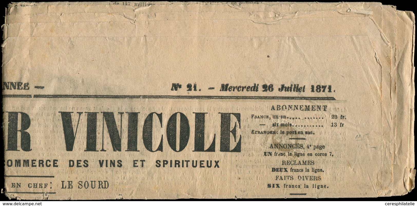 Let EMPIRE LAURE - 27A   4c. Gris, T I, Obl. TYPO S. Journal LE MONITEUR VINICOLE Du 26/7/71, TB - 1863-1870 Napoléon III Con Laureles