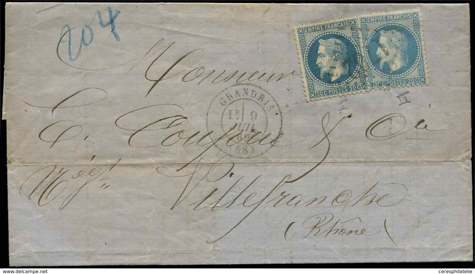 Let EMPIRE LAURE - 29A Et 29B, 20c. Bleu T I Et T II, Obl. GC 1702 S. LAC, Càd T17 GRANDRIS 9/7/69, Très Bonne Combinais - 1863-1870 Napoleon III With Laurels