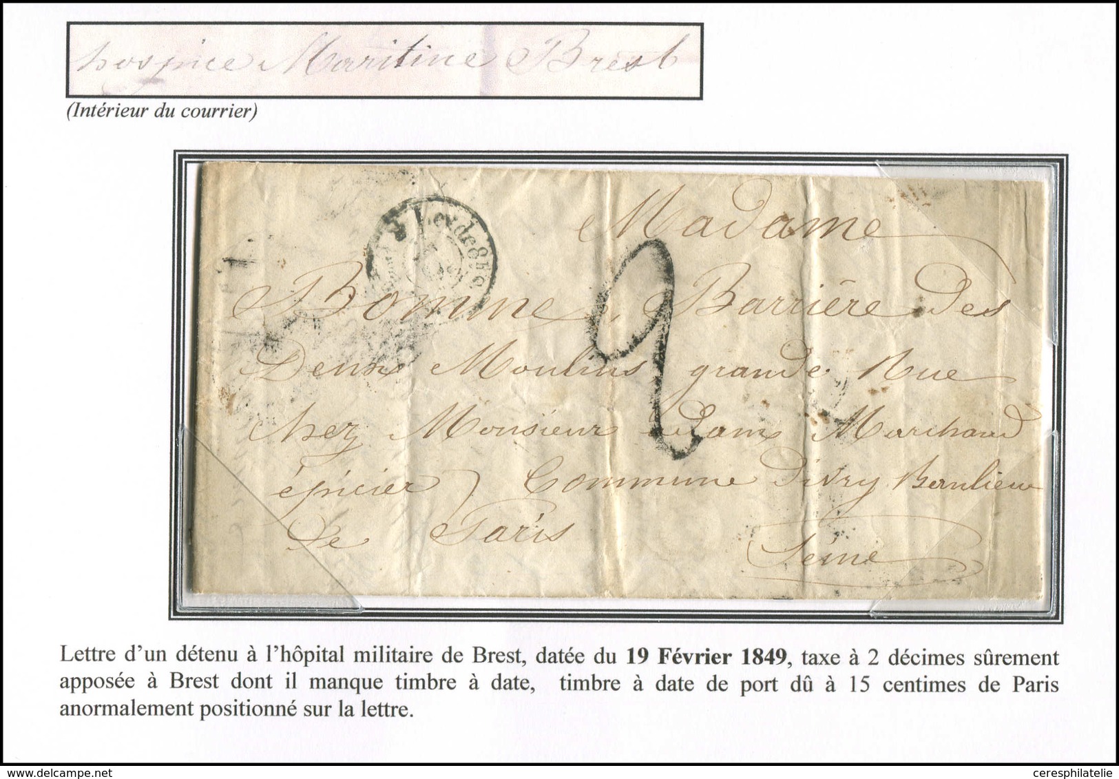 Let LETTRES SANS TIMBRE ET DOCUMENTS DIVERS - Cachet De Port Dû Sur LAC D'un Détenu à L'Hôpital Militaire De Brest Du 19 - Altri & Non Classificati