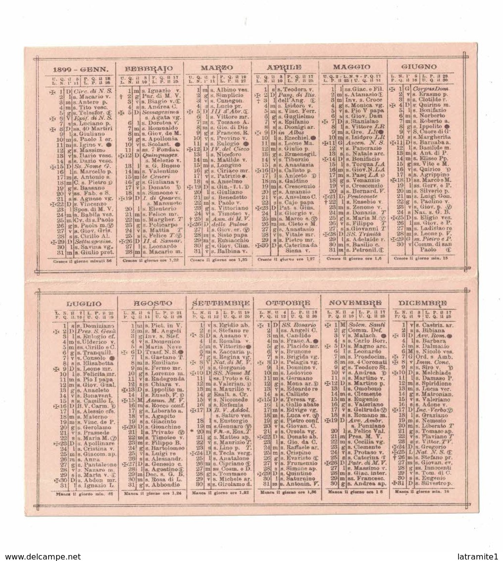 CALENDARIETTO  SEMESTRINO  1899  ACQUA MINERALE NATURALE SANGEMINI - Autres & Non Classés