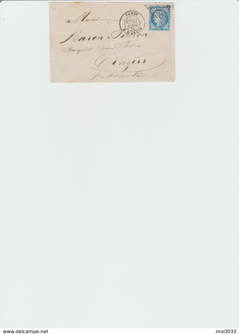 Lettre Avec Etoile De Paris N°8 Pour Angers Du 27 Avril 74 - 1871-1875 Cérès