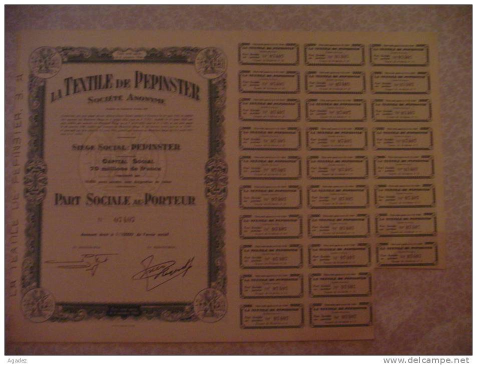 Part Sociale "La Textile De Pepinster  1921  (region Verviers) - Textile