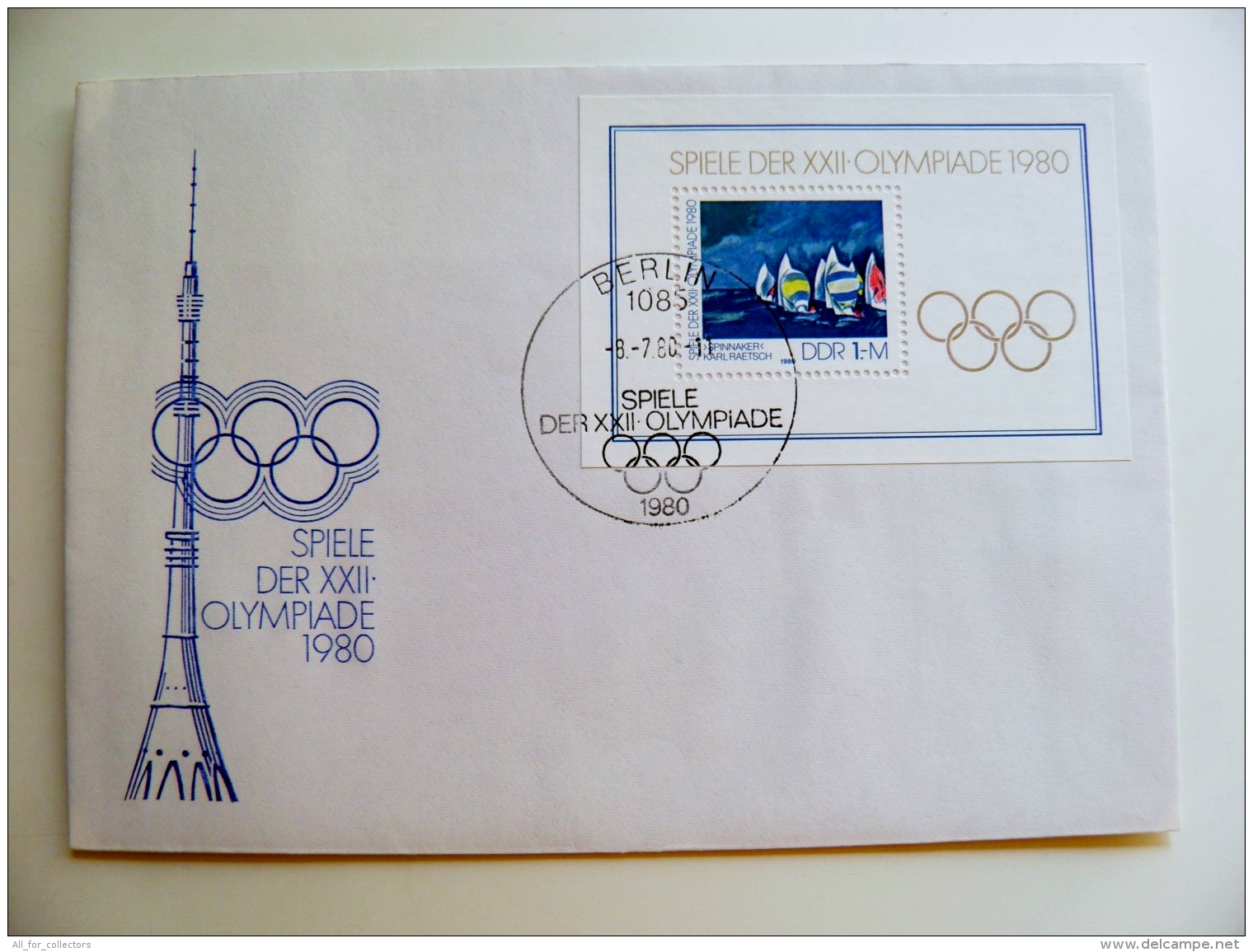 Cover Germany Ddr Olympic Games 1980 Special Cancel Berlin  Yachts Sailing M/s  Tv Tower - Covers & Documents