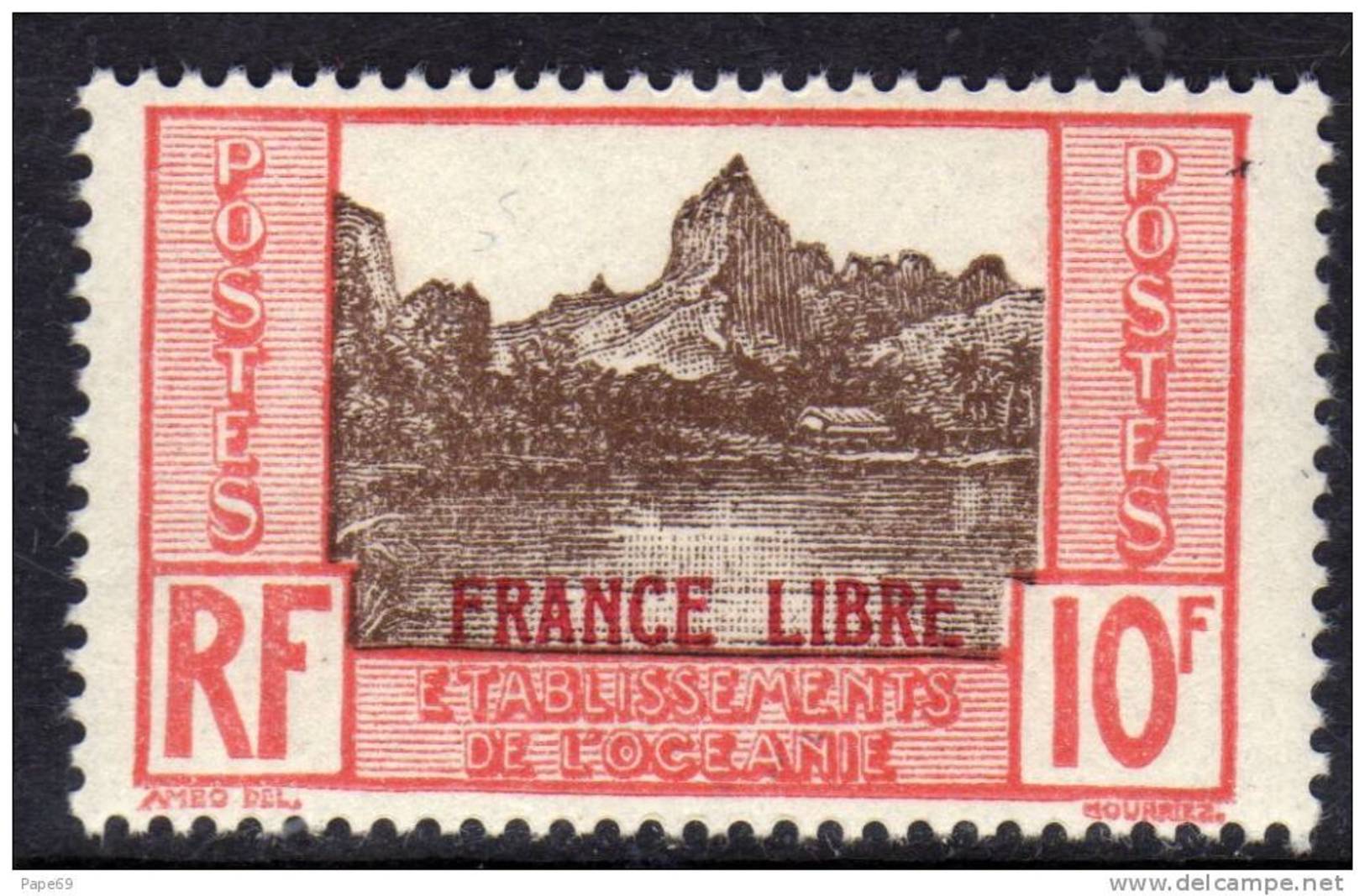 Océanie N° 142 X  10 F.  Rouge Et Brun Surchargé  "France Libre"  Trace De Charnière Sinon TB - Neufs