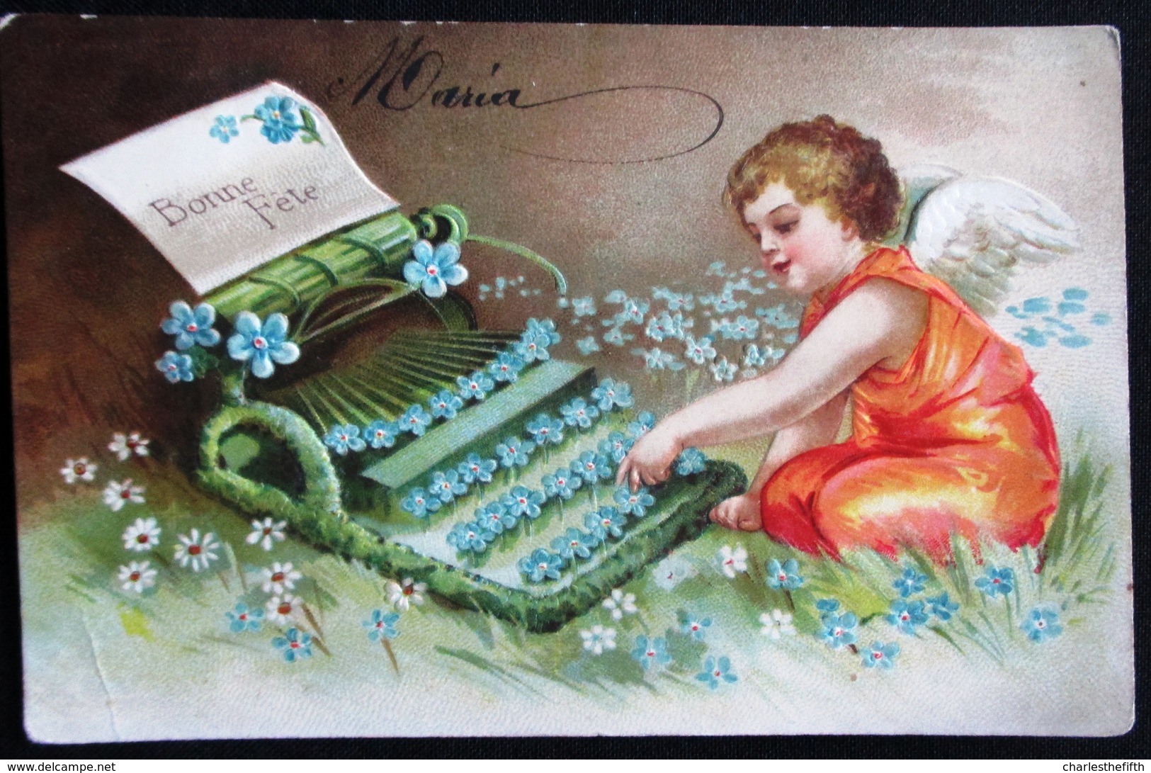 OLD CARD 1906 - ANGEL WITH TYPERWRITER - Embossed - Gaufré - Gaufrée - ANGE AVEC MACHINE A ECRIRE - BONNE FETE - Engel