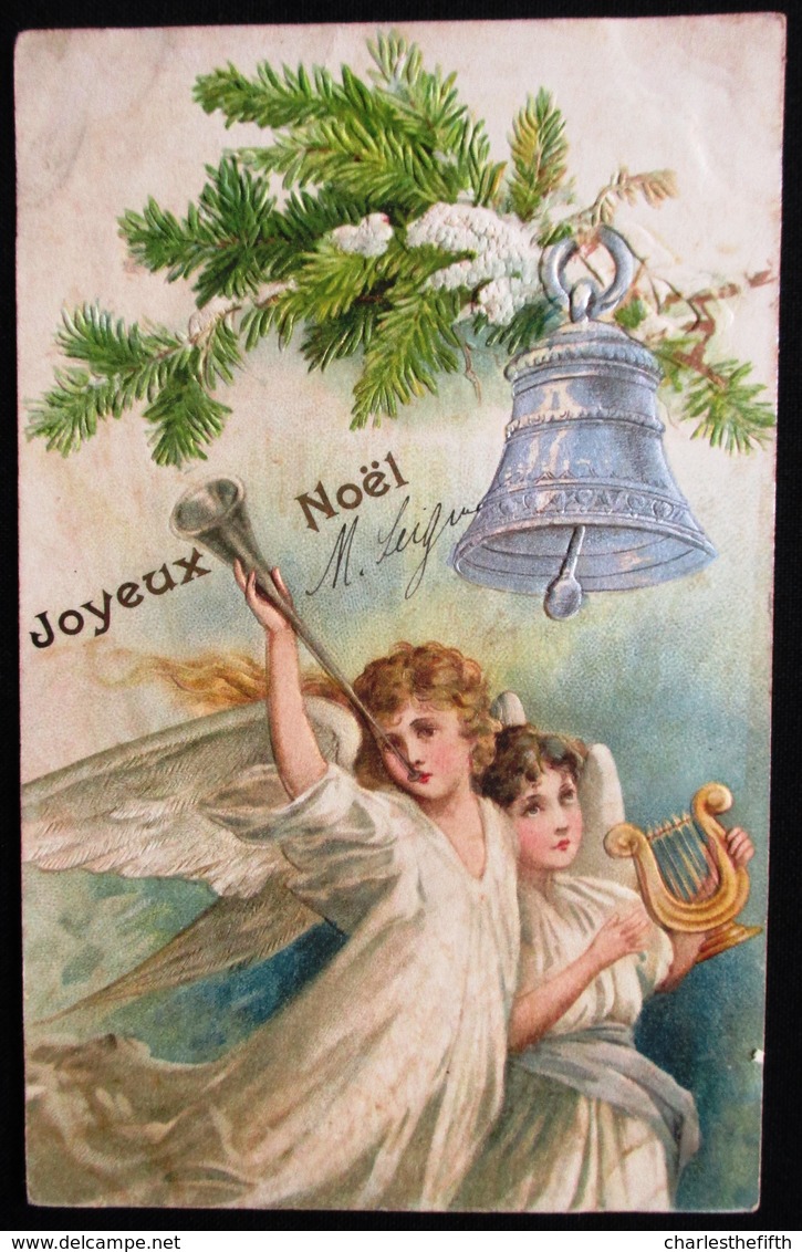 OLD CARD 1906 - ANGEL WITH HARP & TRUMPET  - Embossed - Gaufré - Gaufrée - ANGE AVEC HARPE & TROMPETTE - JOYEUX NOEL - Anges