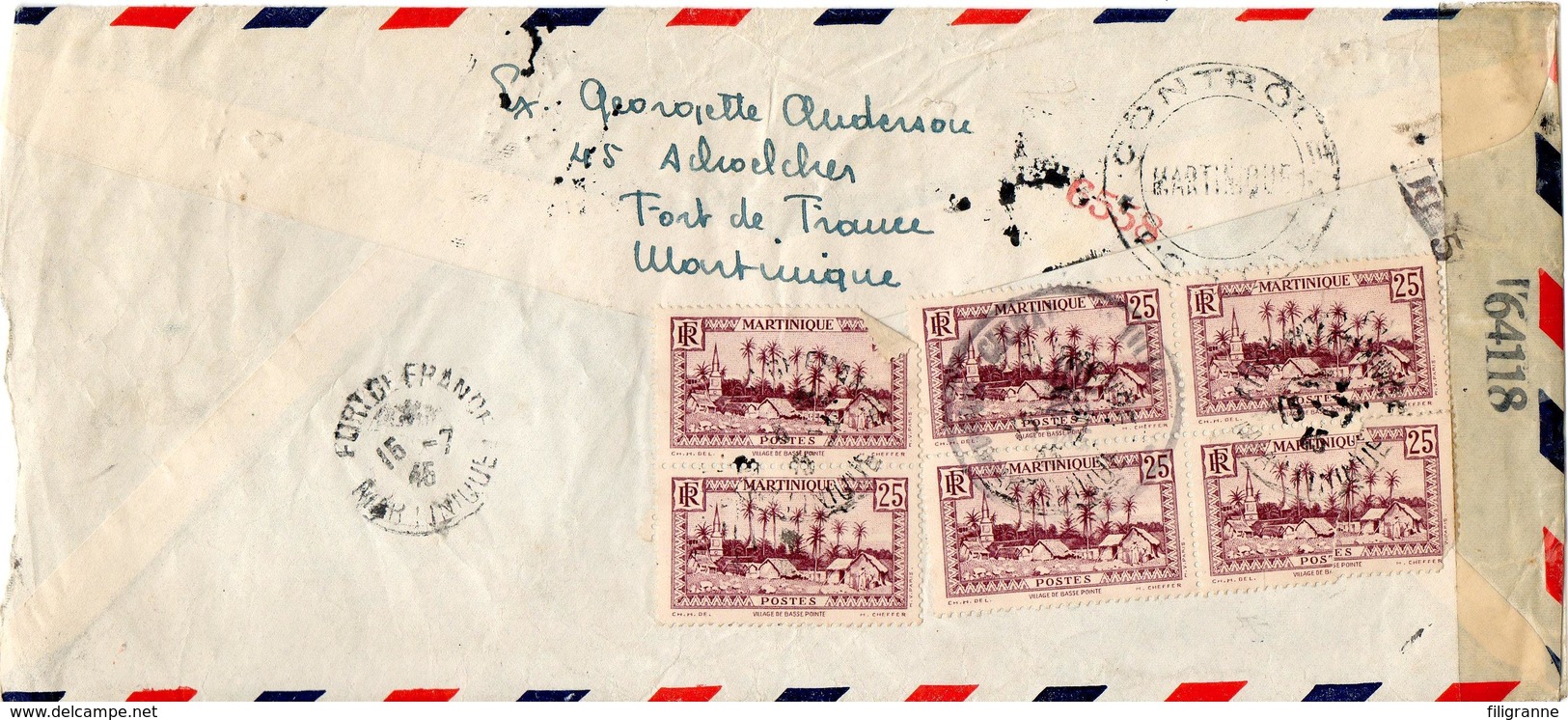 JOLIE LETTRE DE MARTINIQUE POUR LA REPUBLIQUE DOMINICAINE EN 1946 AVEC CENSURE MILITAIRE - Lettres & Documents