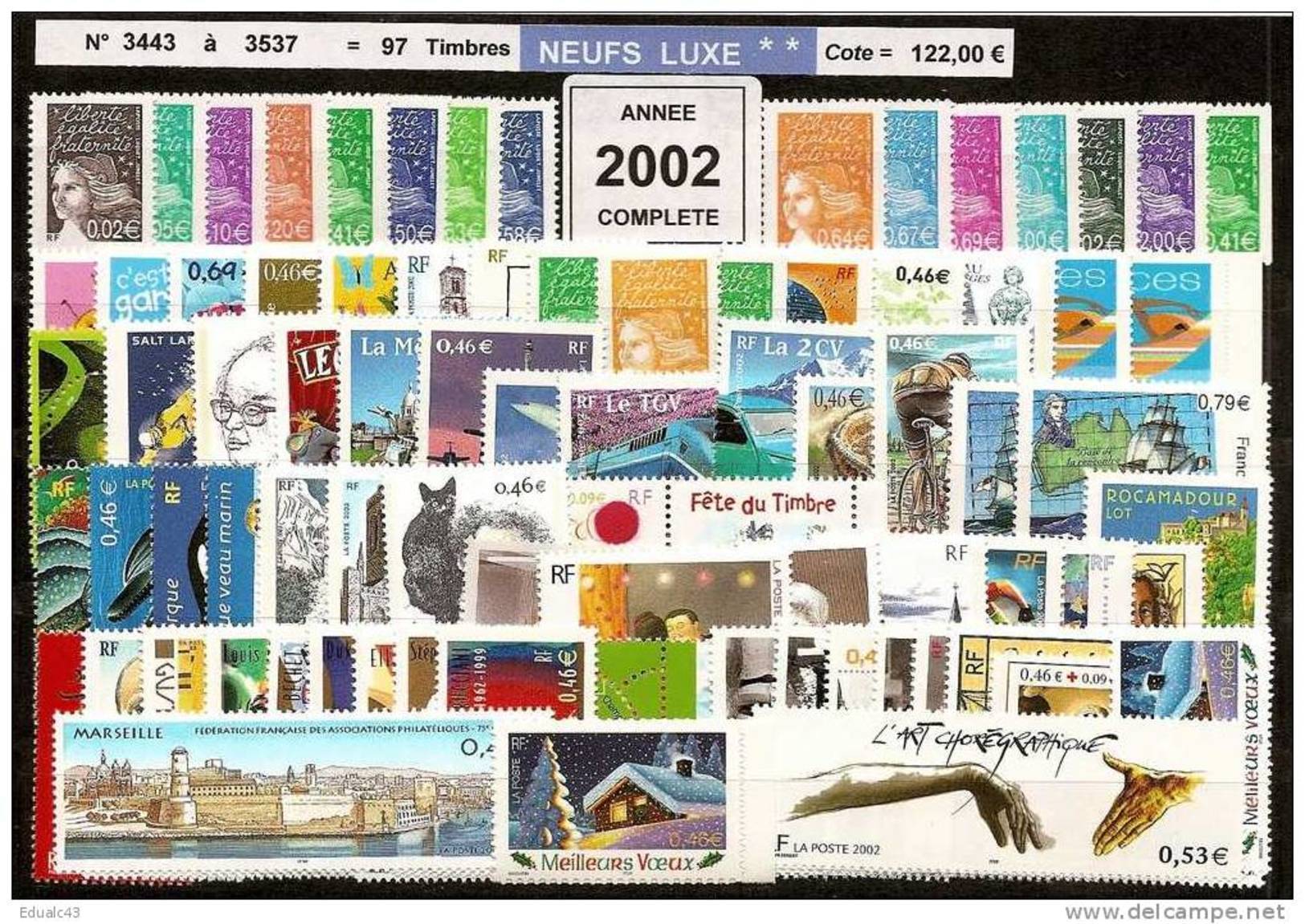 FRANCE - Année Complète 2002 - NEUF LUXE ** 97 Timbres - SUPERBE - 2000-2009