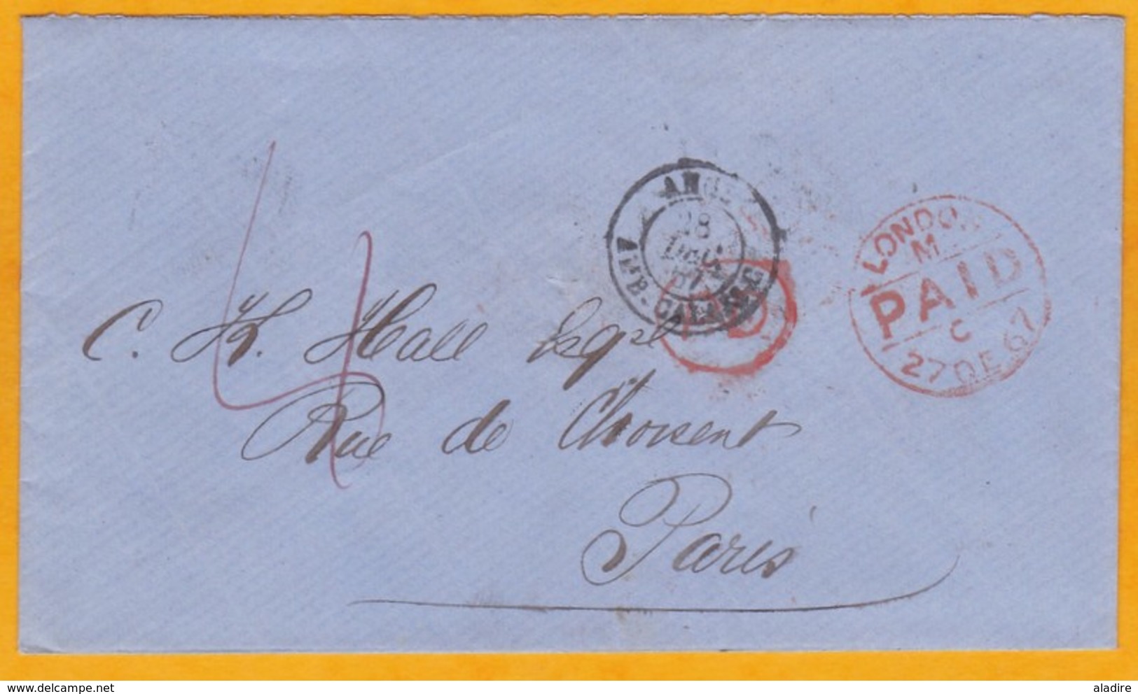 1867 Enveloppe Pré Payée De Londres à Paris - Entrée Par Calais - Postmark Collection