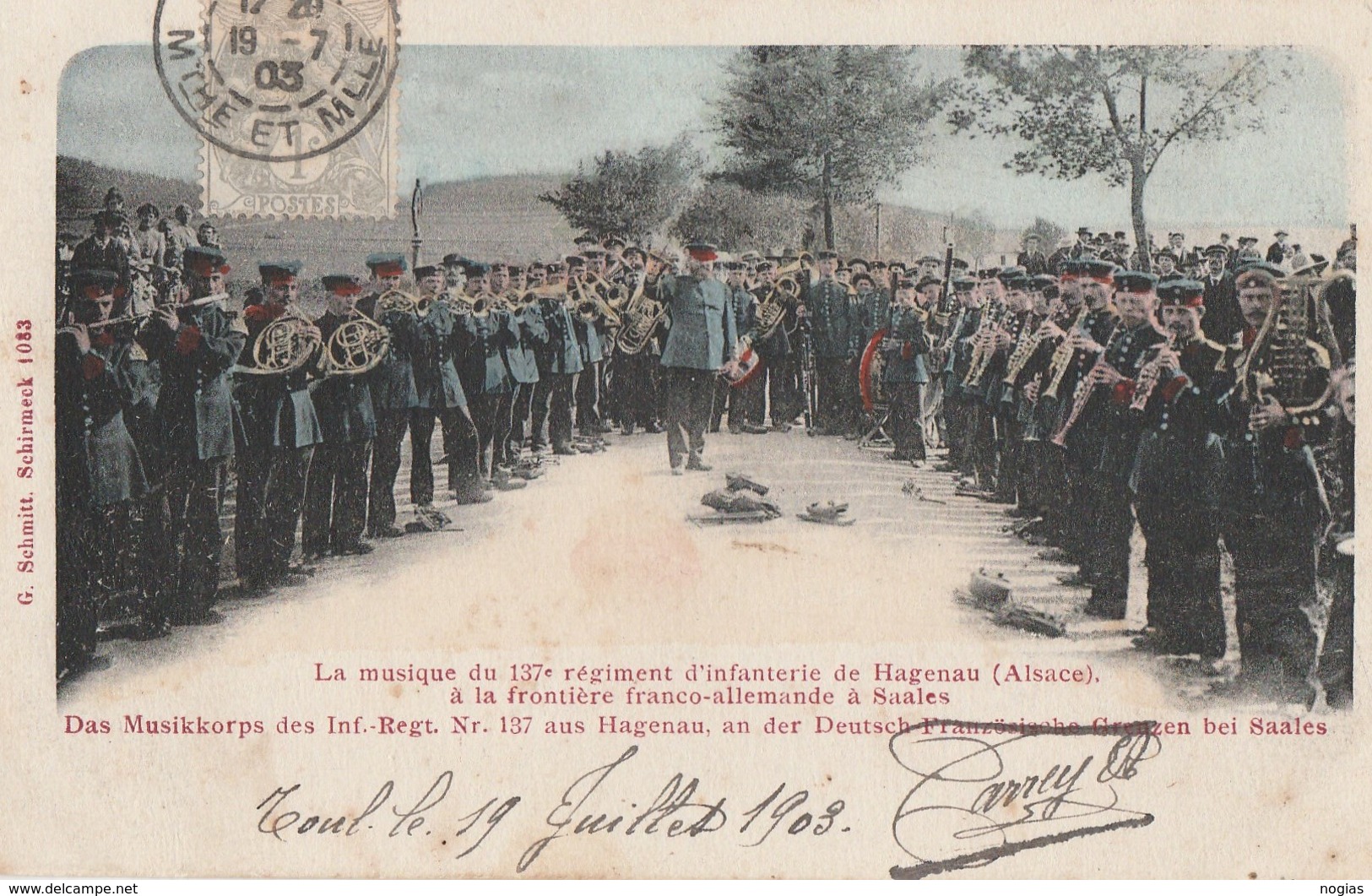 A HAGUENAU - ALSACE - LA MUSIQUE DU 137° R.I. A LA FRONTIERE FRANCO-ALLEMANDE A SAALES - TRES BELLE CARTE-PRECURSEUR-COL - Regiments