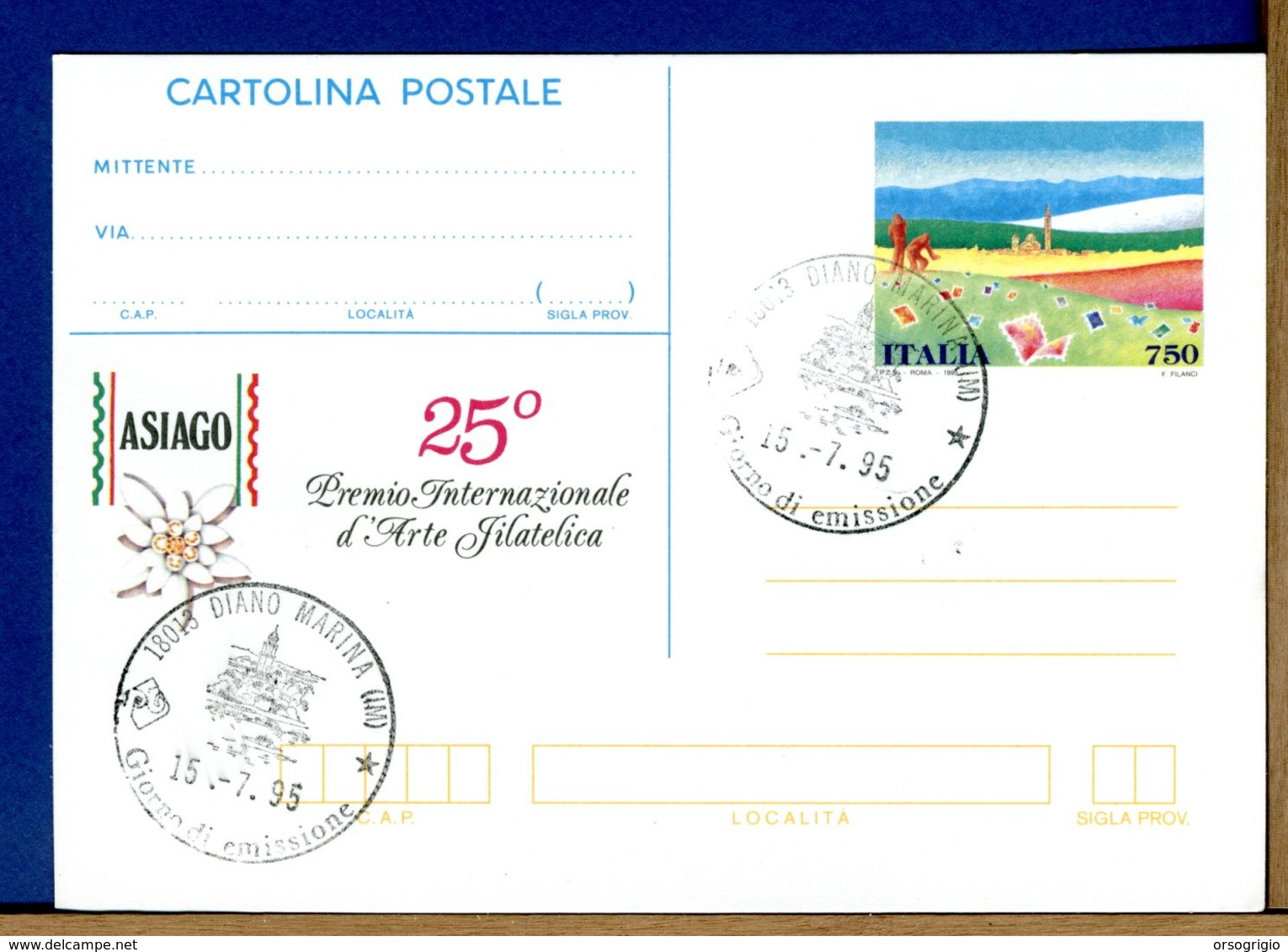 ITALIA - Cartolina Postale - Lire 750  PREMIO ARTE FILATELICA ASIAGO 1995 - Interi Postali