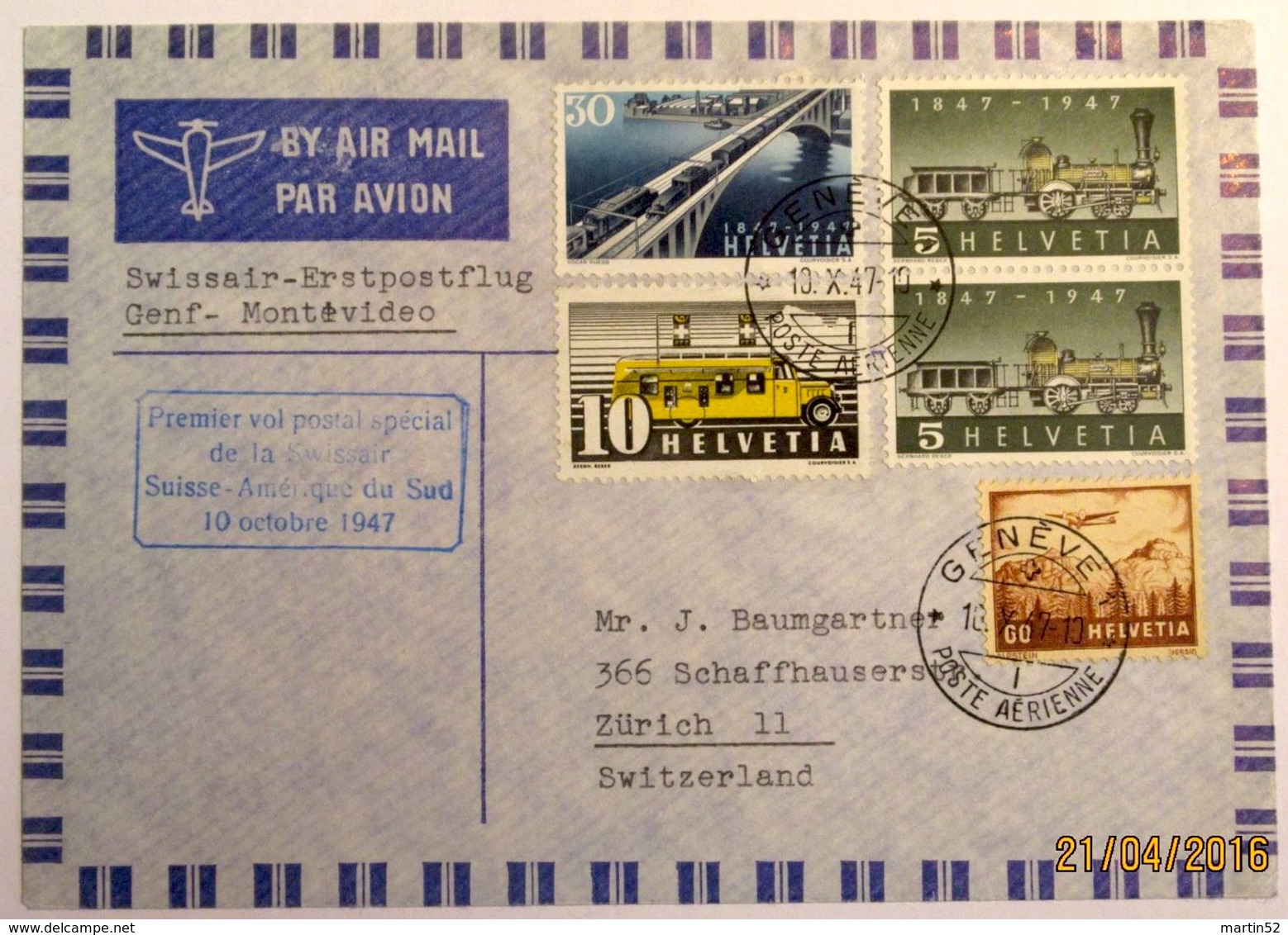 Schweiz Suisse 1947: Premier Vol Swissair Amérique Du Sud 1947 GENÈVE 10.X.47 Pour Montevideo (Uruguay) - Premiers Vols