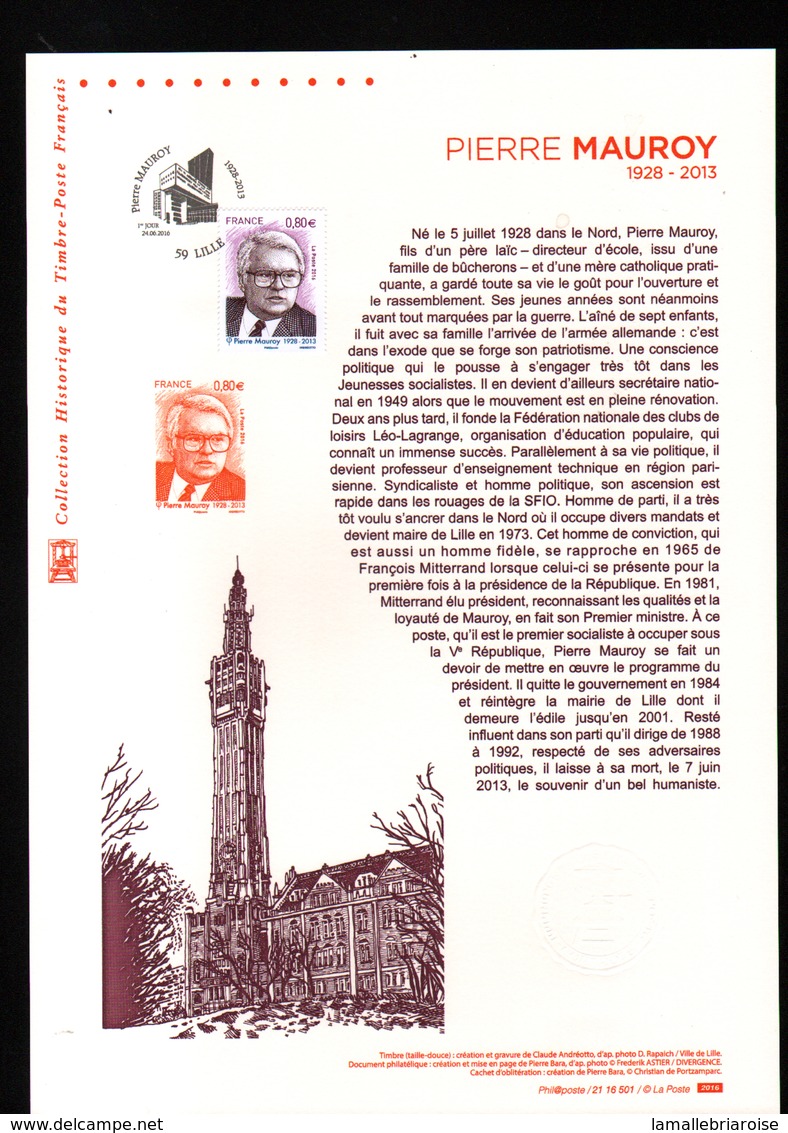 2016, DOCUMENT OFFICIEL DE LA POSTE: Pierre Mauroy, 1928 2013 - Documents De La Poste