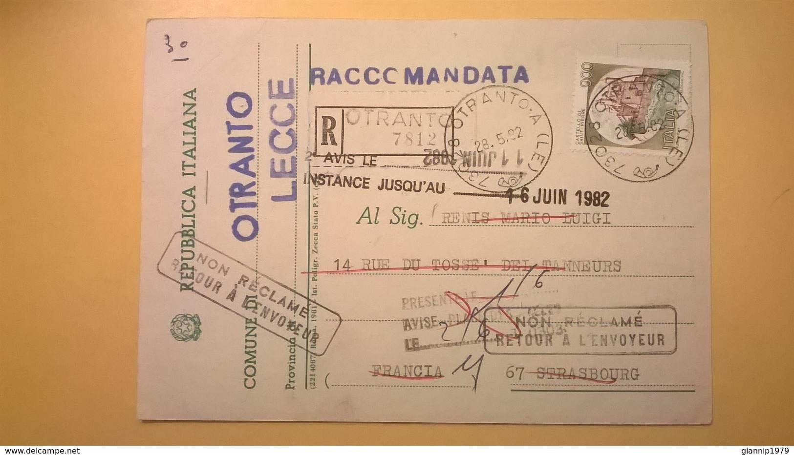 1982 CARTOLINA INTERO POSTALE RACCOMANDATA PER STRASBURGO VOTAZIONI COMUNALI OTRANTO - Ganzsachen