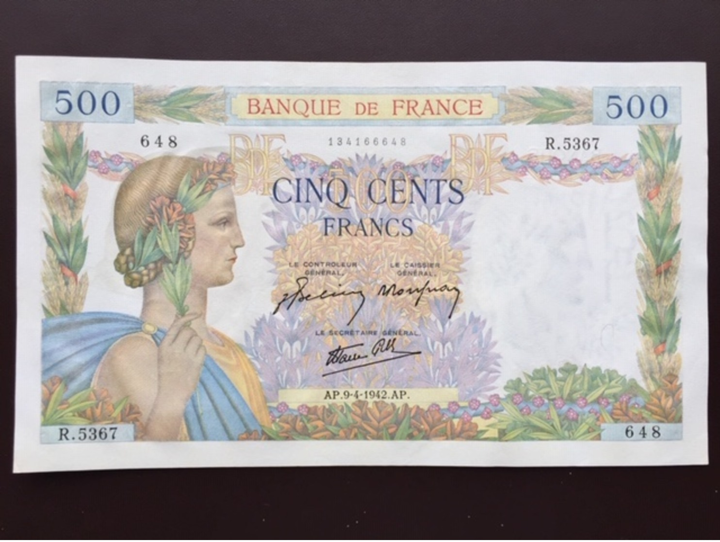 FRANCE P95 500 FRANCS 09.04.1942 AUNC - 500 F 1940-1944 ''La Paix''