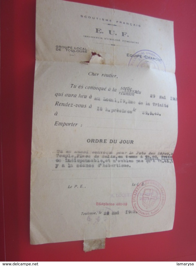 SCOUTISME FRANÇAIS ÉCLAIREURS E.U.F. GROUPE LOCAL TOULOUSE SCOUT  EQUIPE CHARCOT-ORDRE DU JOUR Convocation 1943-WW2 - Historical Documents