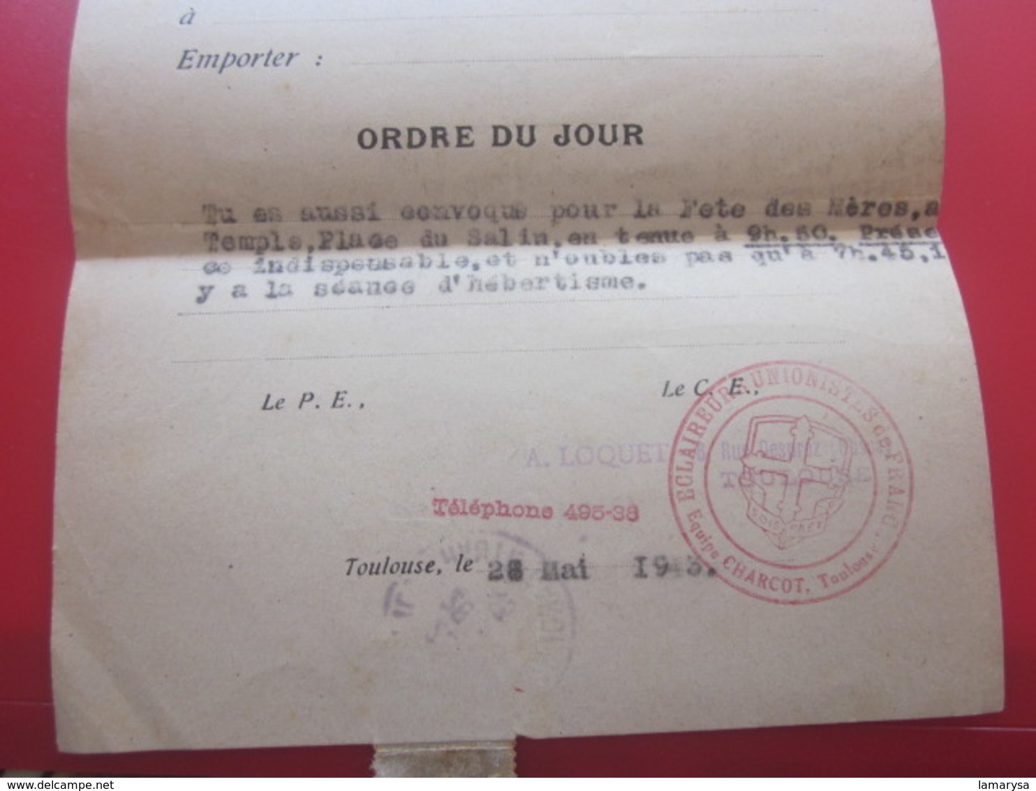 SCOUTISME FRANÇAIS ÉCLAIREURS E.U.F. GROUPE LOCAL TOULOUSE SCOUT  EQUIPE CHARCOT-ORDRE DU JOUR Convocation 1943-WW2 - Historical Documents