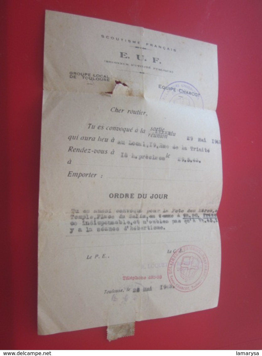 SCOUTISME FRANÇAIS ÉCLAIREURS E.U.F. GROUPE LOCAL TOULOUSE SCOUT  EQUIPE CHARCOT-ORDRE DU JOUR Convocation 1943-WW2 - Historical Documents