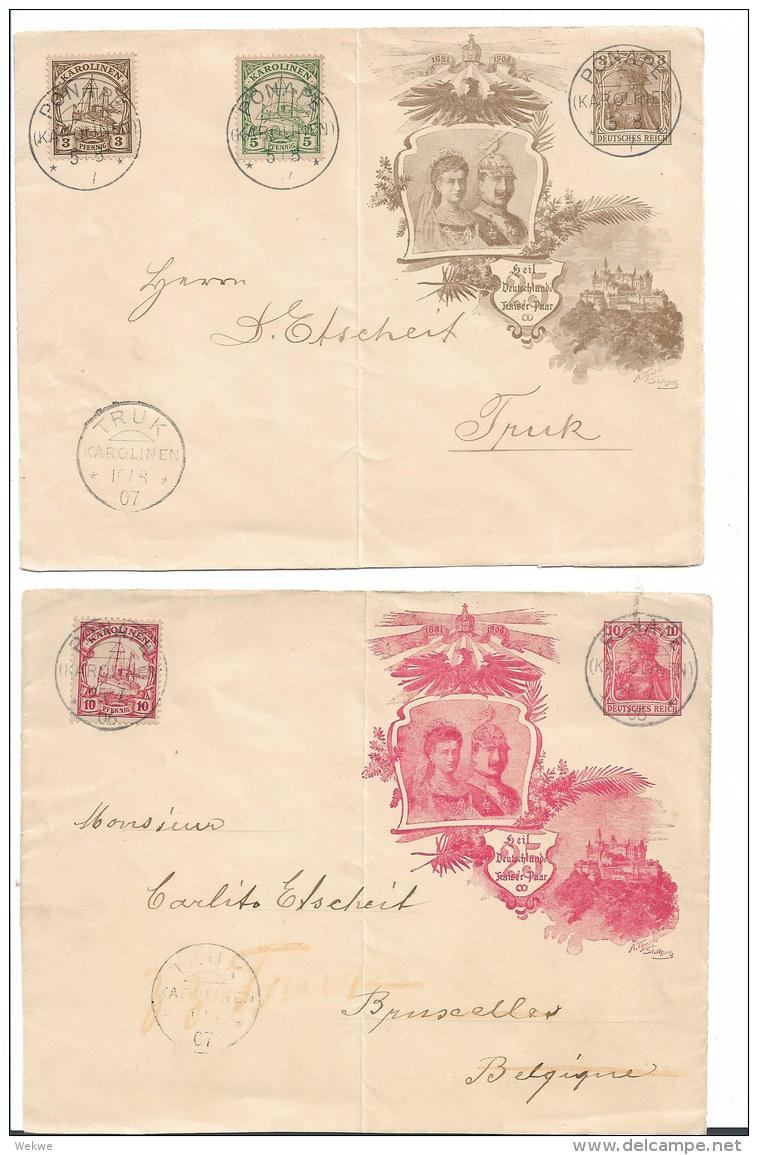 DTK Karolinen XX01 / 2 Belege (Vorderseiten)Ponape - Truk -  Brüssel (schriftl. Hinweis Mit Rotstift "zur Zeit I. Truk - Karolinen