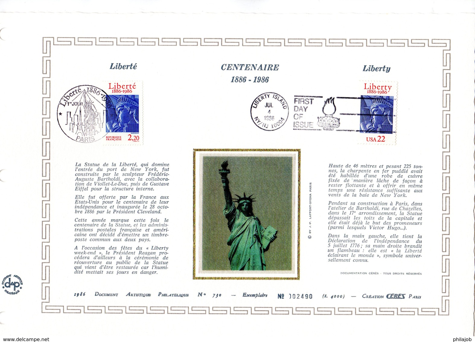 " FRANCE - USA 1986 : STATUE DE LA LIBERTE " Sur DAP 1er Jour De 1986. (4000 Ex.) N°YT 2421 + USA 1672. Parfait état. - Emissions Communes