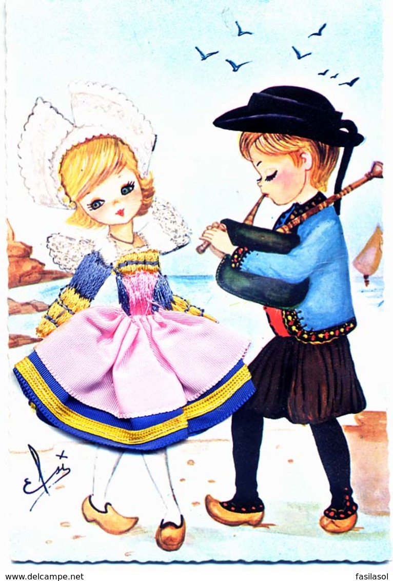 Carte Folklorique En Tissu Et Brodée : Couple En Costume N°11 Bretagne - Pont-Aven - Personaggi