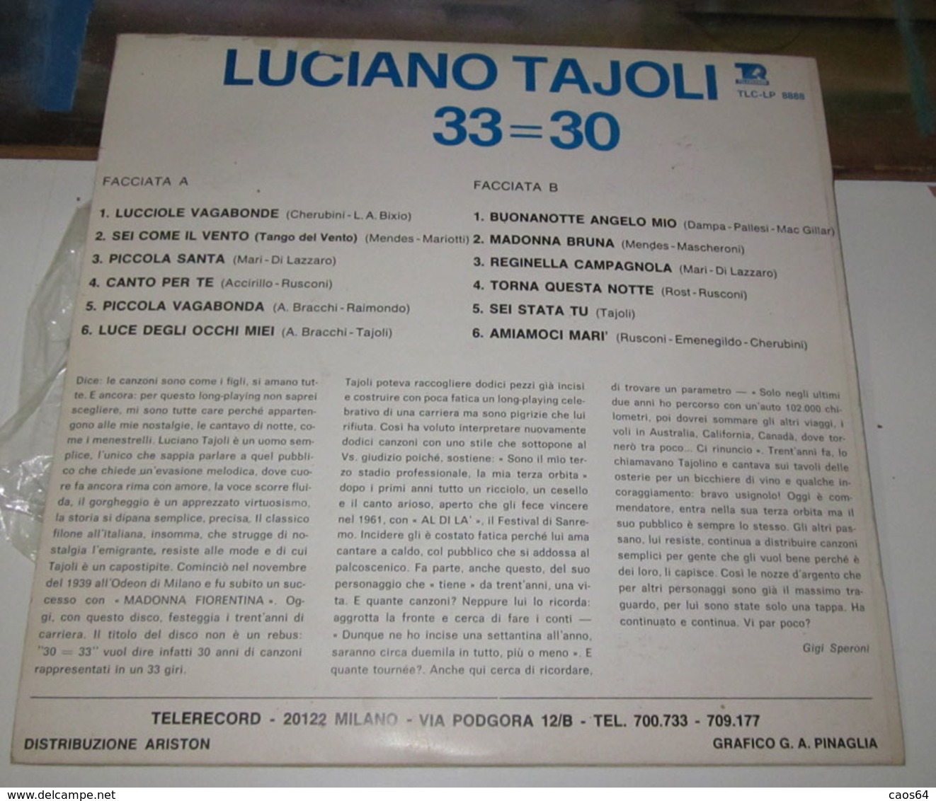 LUCIANO TAJOLI 33=30 - Altri - Musica Italiana