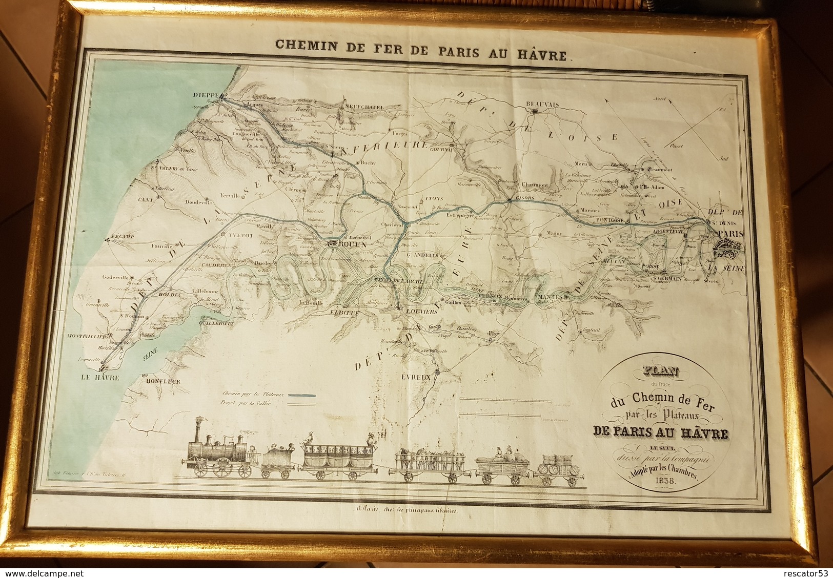 Très Rare Carte Ferroviaire Ligne Paris Le Havre 1838 Sous Cadre - Autres & Non Classés