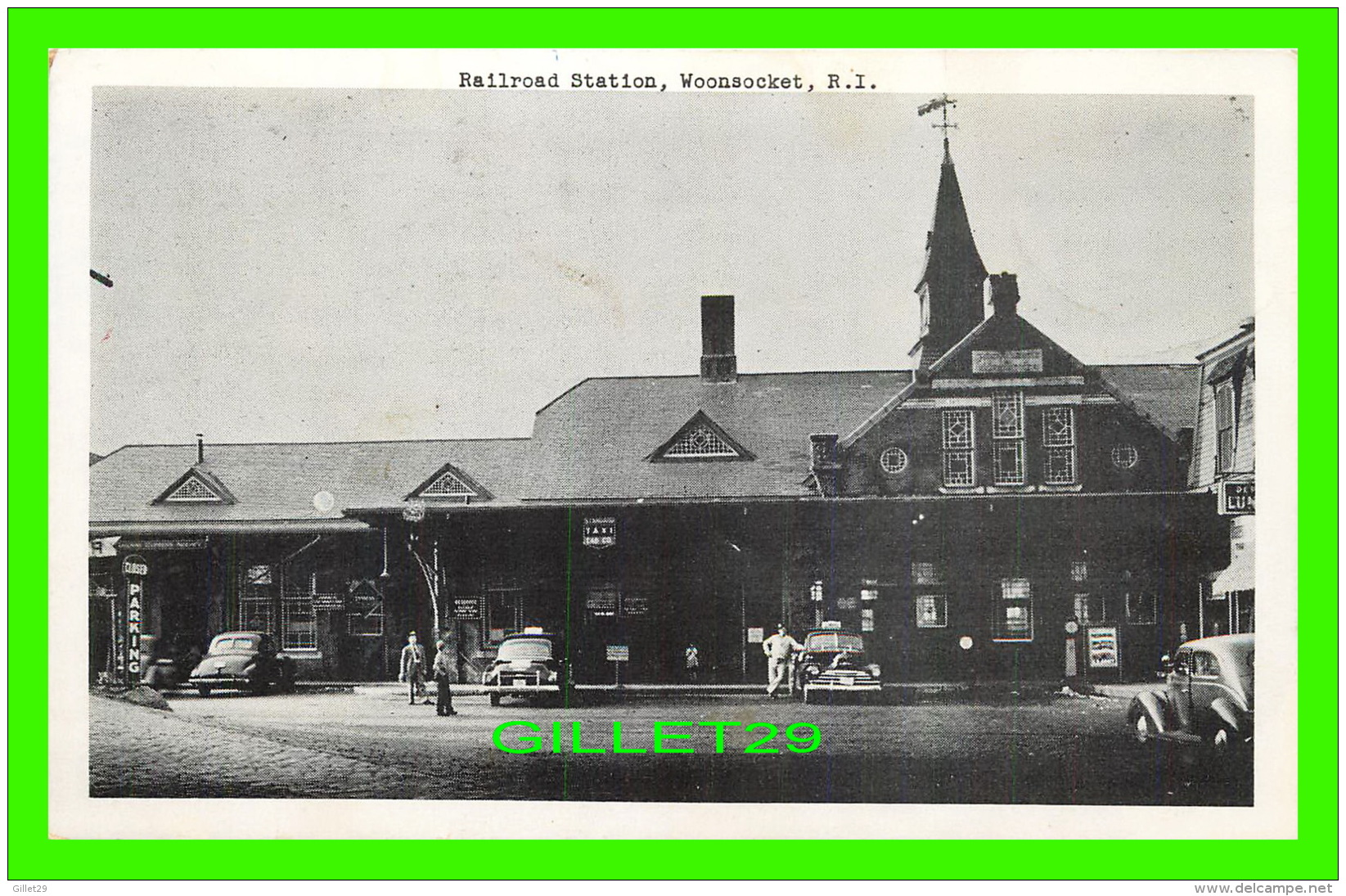 GARES - RAILROAD STATION, WOOSOCKET, RI - ANIMATED WITH TAXI - FAIRBANKS CARD COMPANY - - Gares - Sans Trains