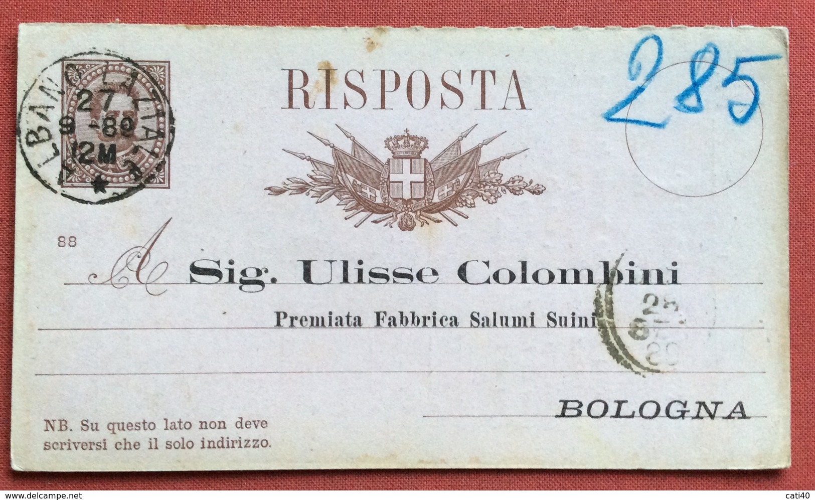 ALBANO LAZIALE SU INTERO POSTALE UMBERTO 1879 RISPOSTA  (88) STAMPA PRIVATA  27/8/89 - Interi Postali