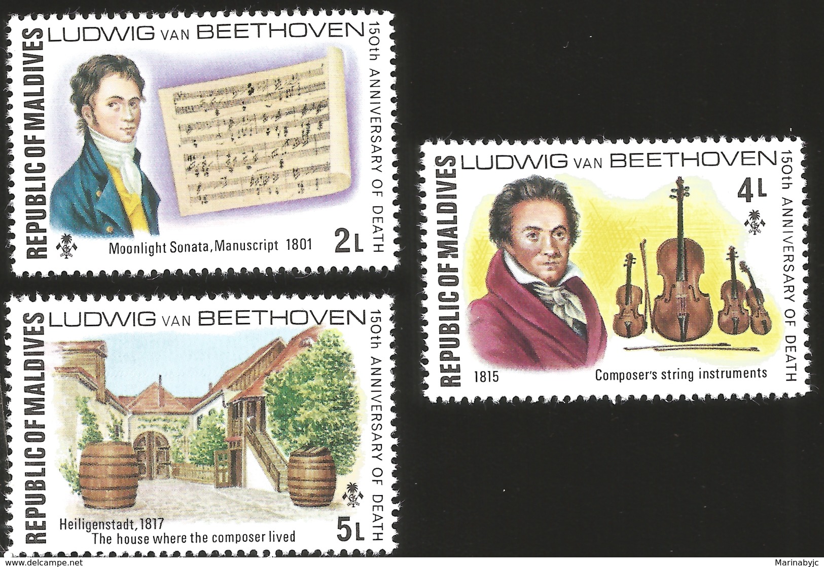 J) 1965 REPUBLIC OF MALDIVES, 150TH ANNIVERSAR OF THE DEATH, LUDWIG VAN BEETHOVEN, MUSICAL NOTES, THE HOUSE WHERE COMPOS - Maldives (1965-...)