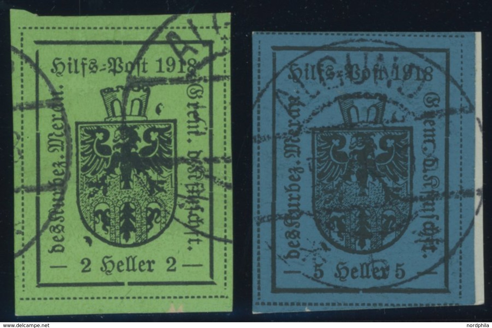 HILFSPOST MERAN 4,5Ia O,BrfStk , 1918, 2 H. Schwarz Auf Hellgrün Und 5 H. Schwarz Auf Dkl`blau, 1. Auflage, 2 Prachtwert - Meran