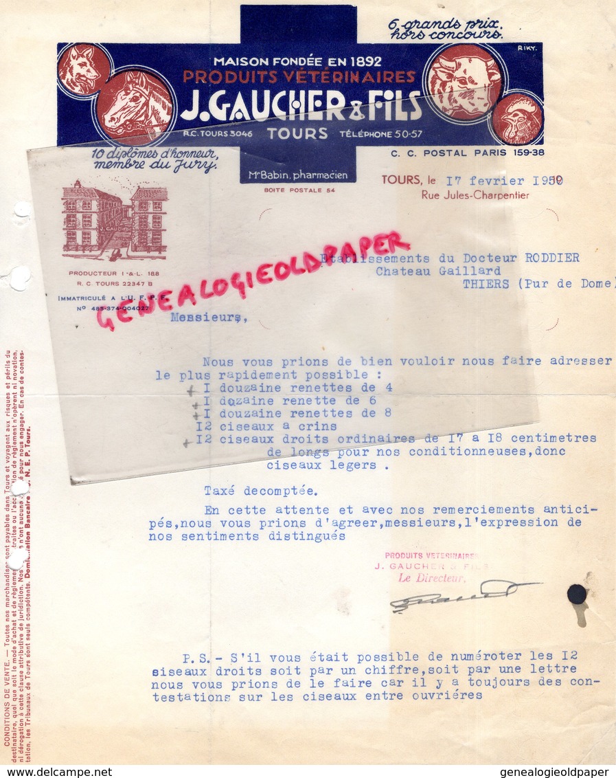 37- TOURS-RARE FACTURE J. GAUCHER FILS- PRODUITS VETERINAIRES- VETERINAIRE-1950 RUE JULES CHARPENTIER - Drukkerij & Papieren