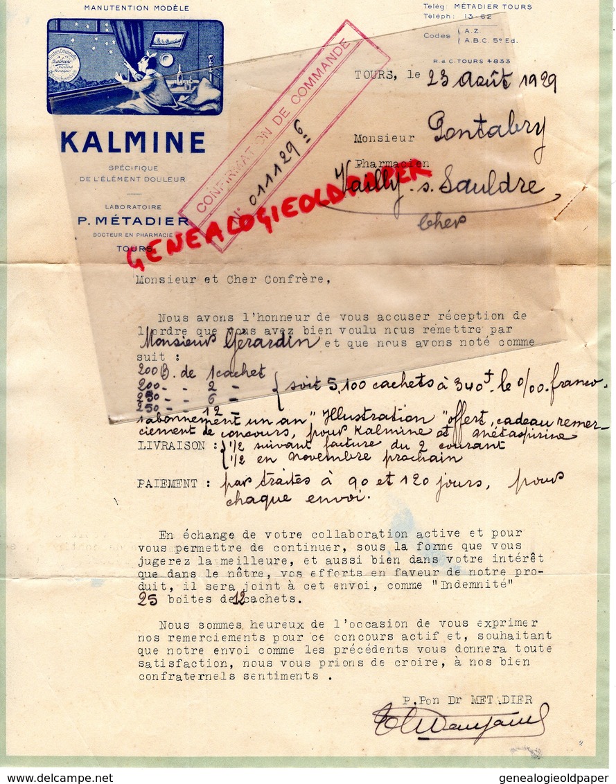 37 - TOURS - RARE  FACTURE KALMINE - P. METADIER PHARMACIEN - MEDICAMENT POUR ESTOMAC-PHARMACIE-1929 - 1900 – 1949