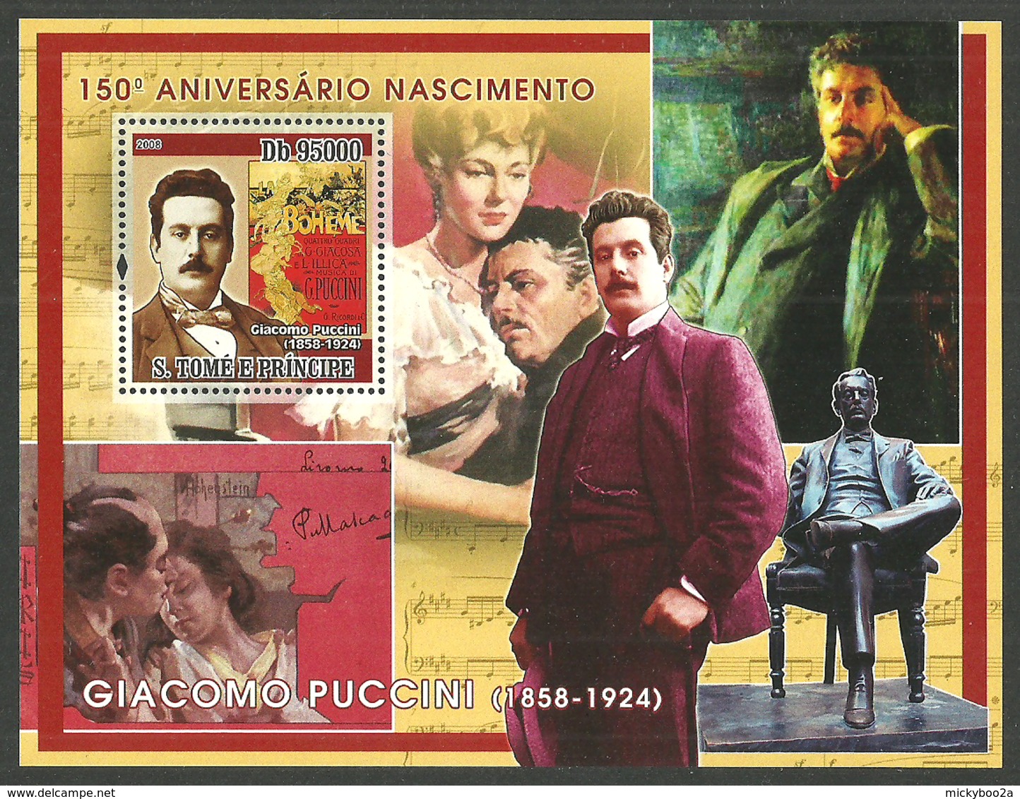 ST THOMAS AND PRINCE 2008 MUSIC PUCCINI COMPOSER LA BOHEME OPERA POSTER M/SHEET MNH - Sao Tome And Principe