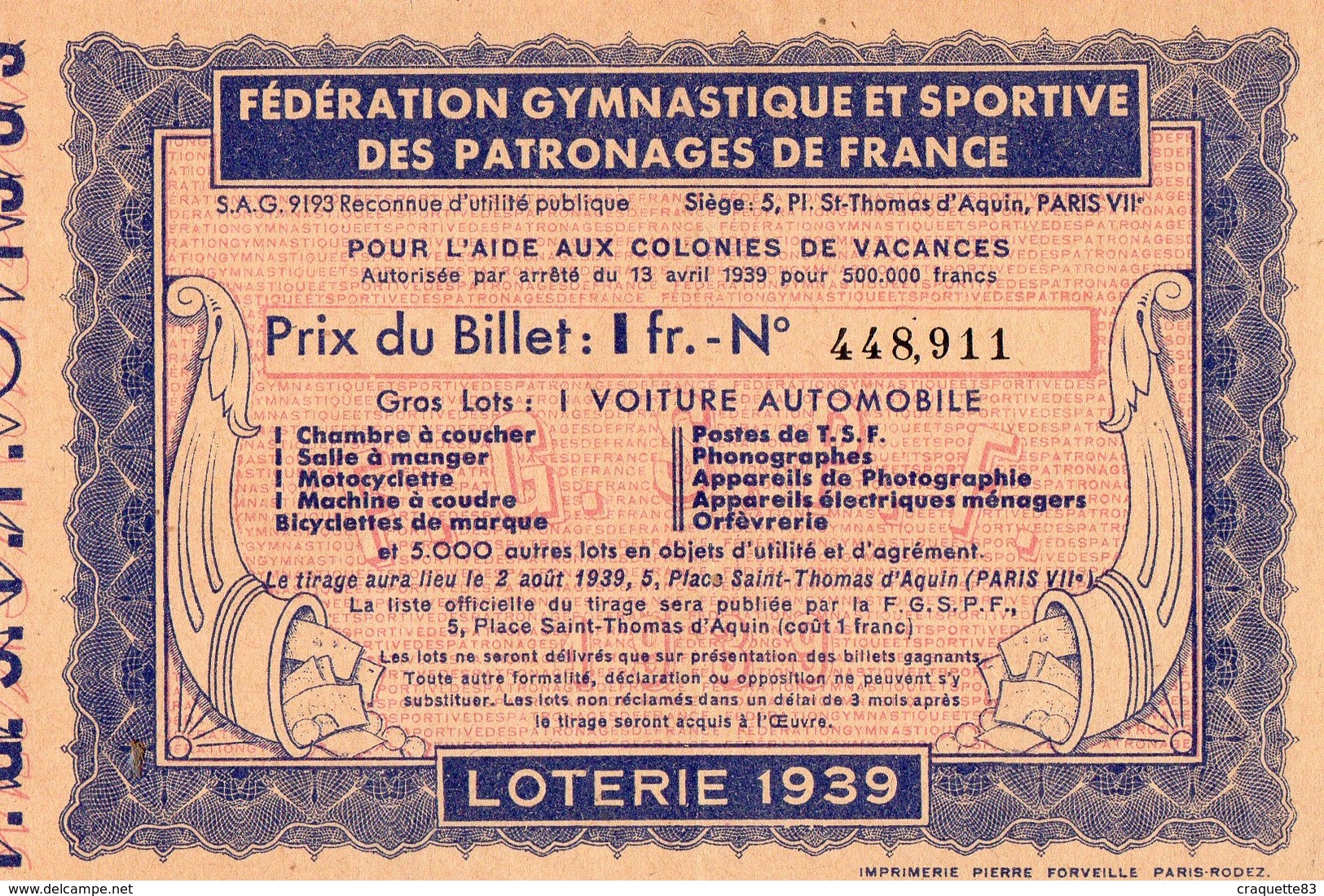 FEDERATION GYMNASTIQUE ET SPORTIVE DES PATRONAGES DE FRANCE POUR L'AIDE AUX COLONIES DE VACANCES-N°448,911 1939 - Billets De Loterie