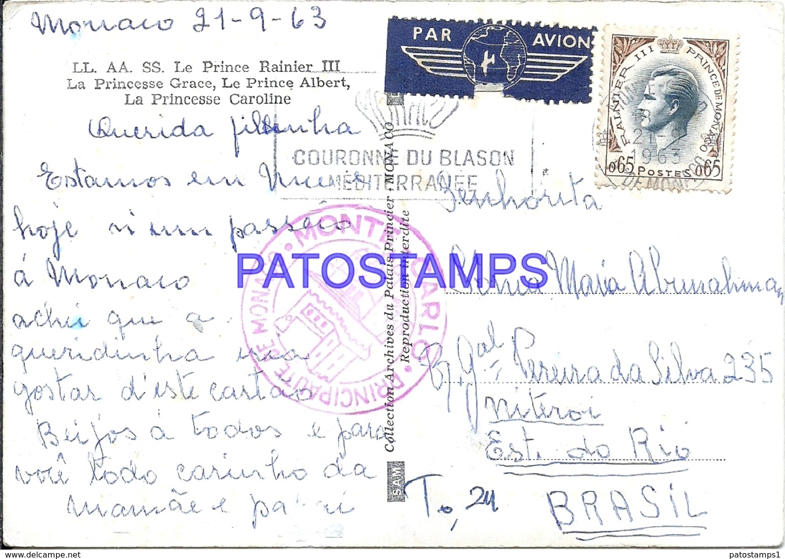 100314 ROYALTY PRINCE RAINIER III PRINCESS GRACE & PRINCE ALBERT OF MONACO CIRCULATED TO BRAZIL POSTAL POSTCARD - Familles Royales