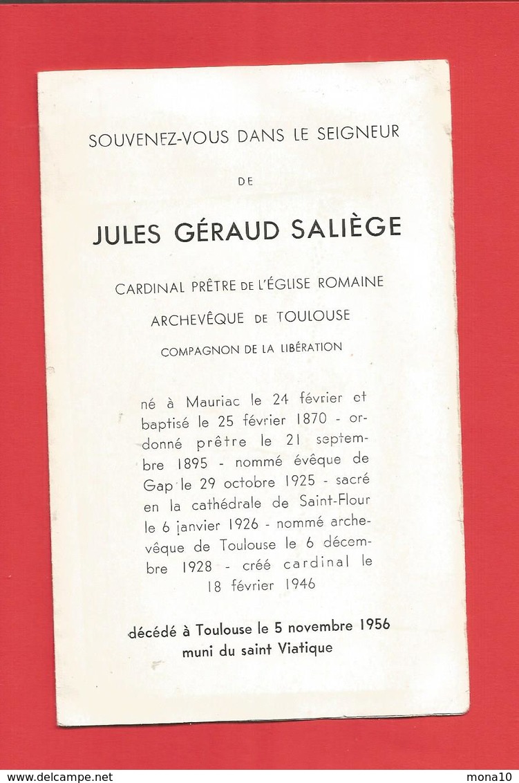 Jules Géraud Saliège -avis De Décès ,décédé à Toulouse; Né à Mauriac - Images Religieuses