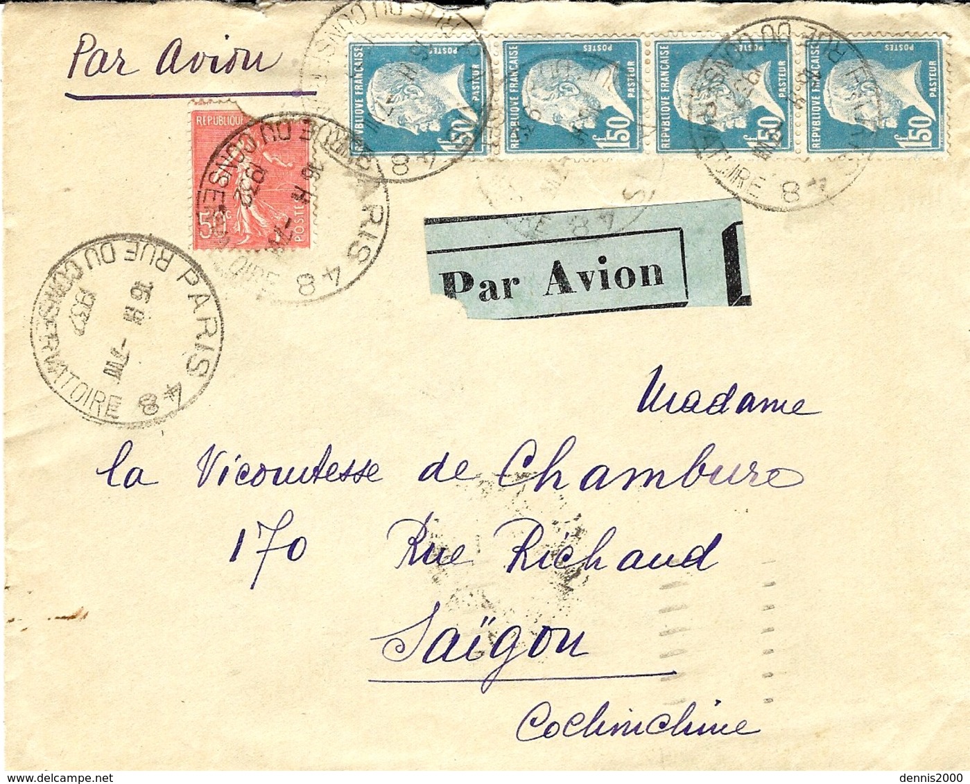 1937- Enveloppe PAR AVION De Paris -48 Pour Saïgon Affr. Bande De 4 Pasteur 1,50  + 50 C Semeuse - 1921-1960: Période Moderne