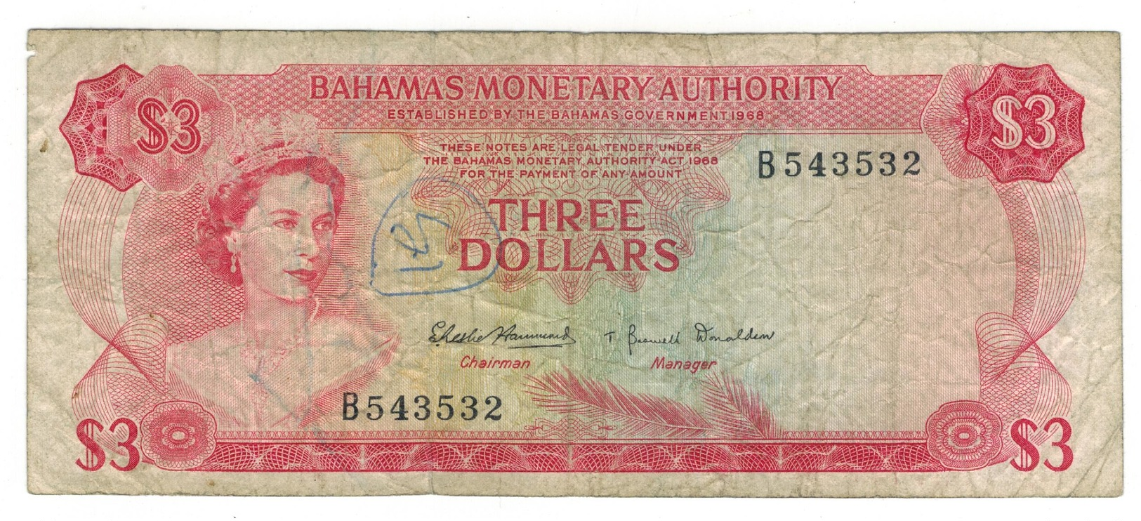 Bahamas 3 Dollars (1968) , VG/F, See Scan. - Bahamas