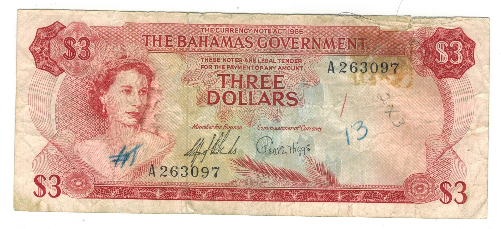 Bahamas 3 Dollars (1965) , VG/F, See Scan. - Bahamas