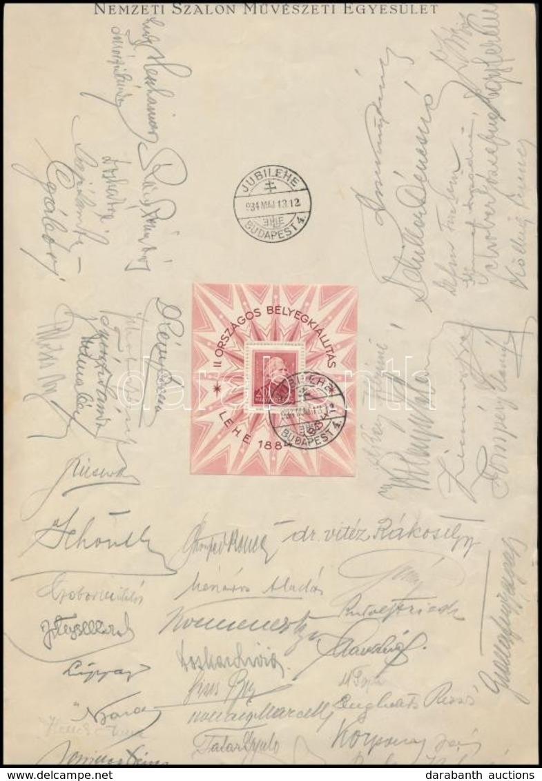 1933 LEHE Blokk Papírlapon Alkalmi Bélyegzéssel, Rajta A Kiállítás Több Mint 40 Résztvevőjének  - Közte Ismert Személyek - Autres & Non Classés