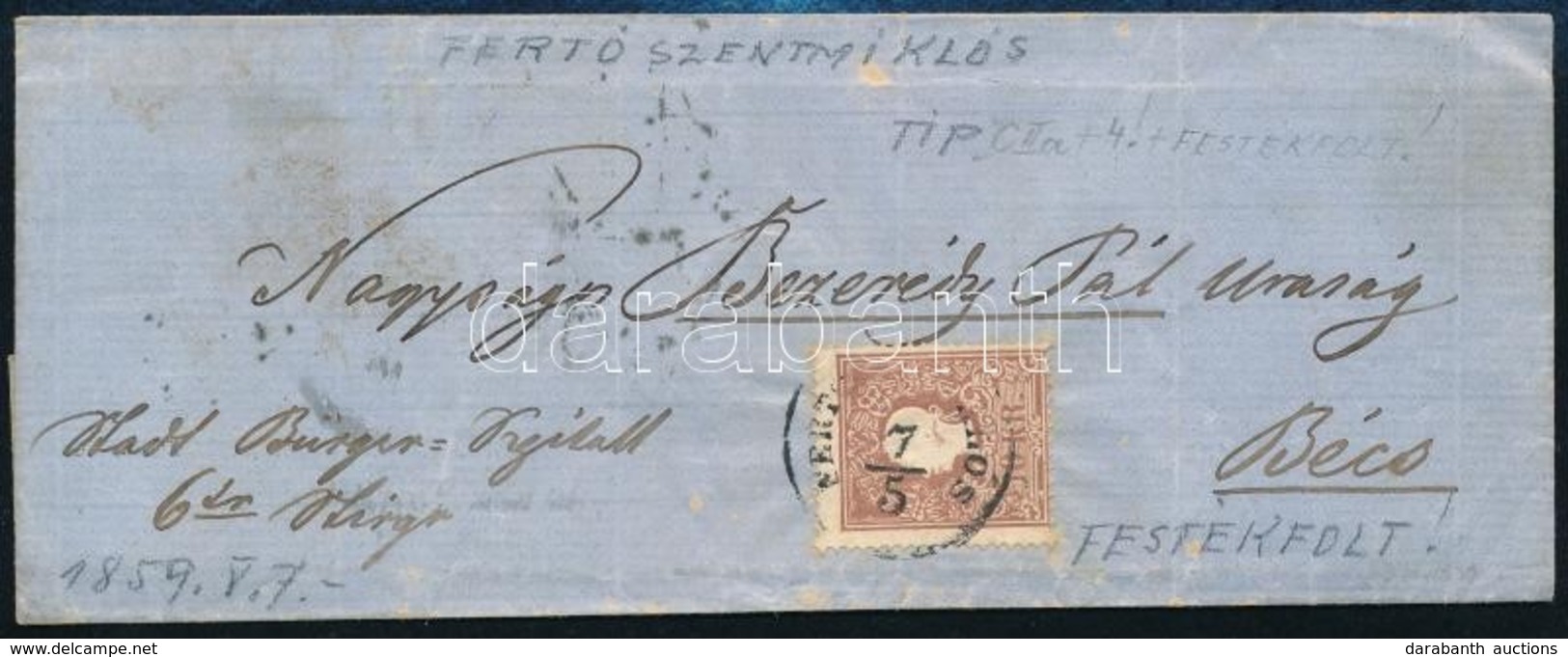 1859 10kr II. Lemezhibával, Festékfolt A Fejen, Levélen 'FERT(Ő SZENTMIK)LÓS' - Otros & Sin Clasificación