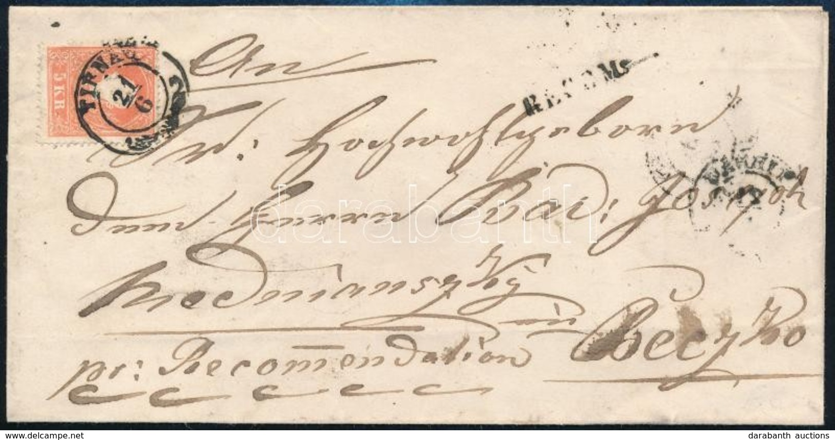 ~1860 5kr + Kettétépett 10kr A Hátoldalon, Ajánlott Levélen 'TIRNAU' - Sonstige & Ohne Zuordnung