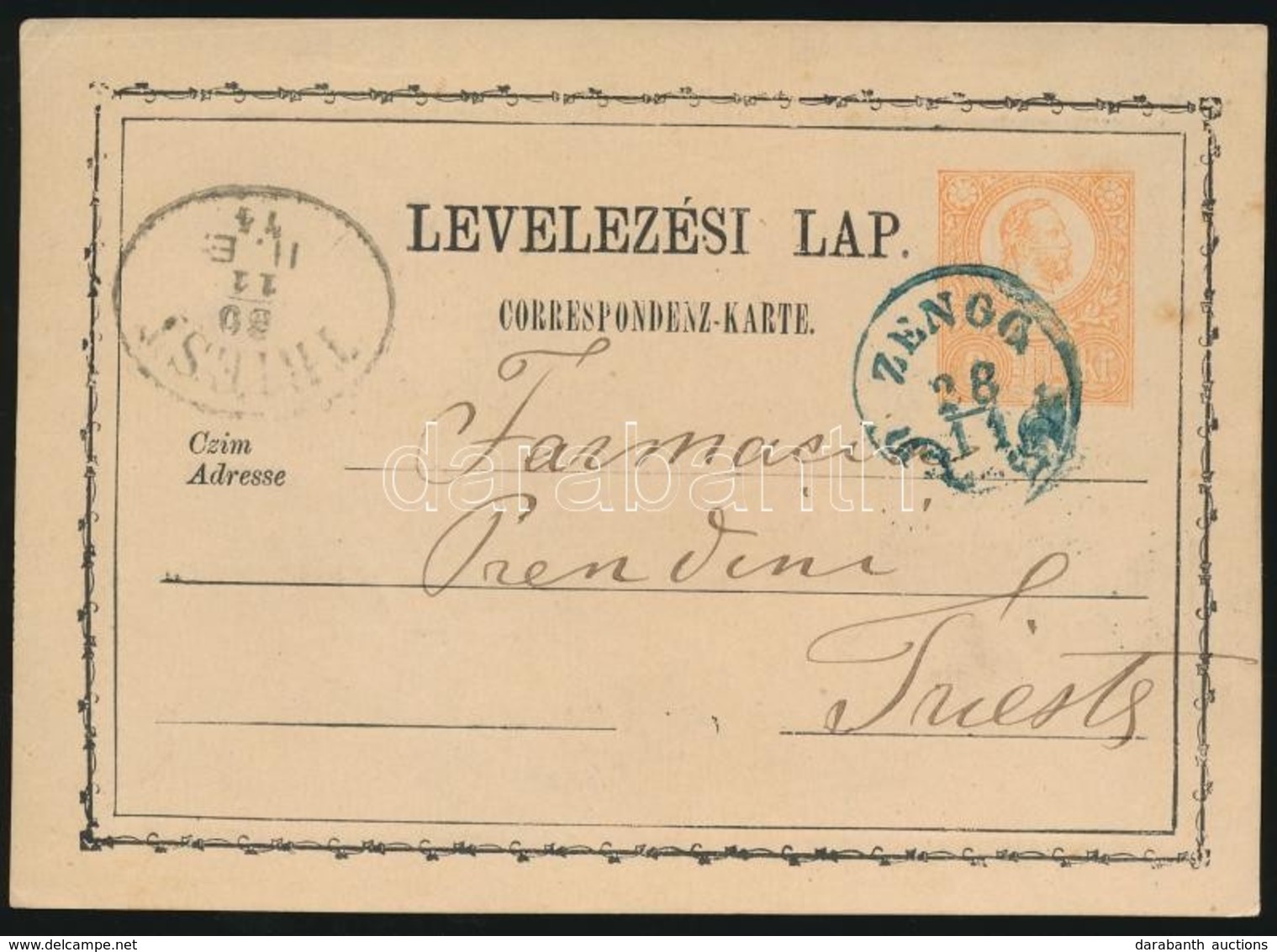 1874 2kr Díjjegyes Levelezőlap 'ZENGG' Kék / Blue - Otros & Sin Clasificación